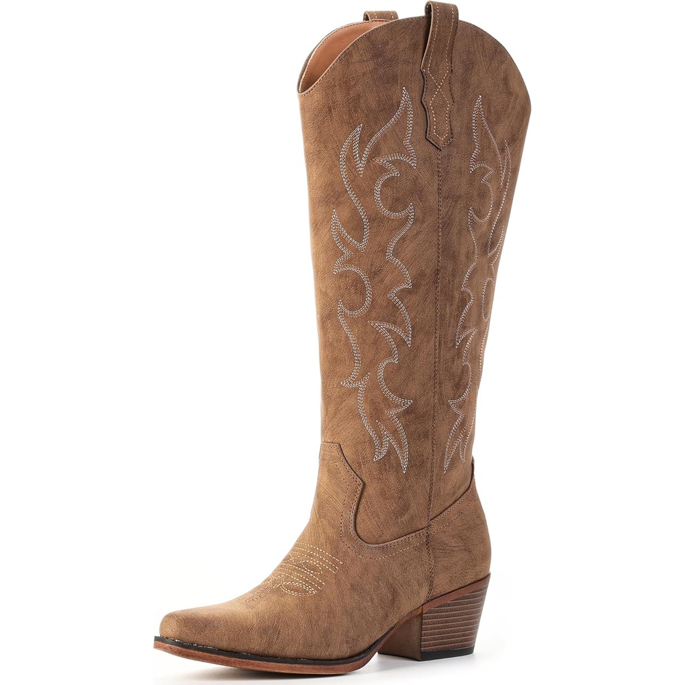 image:imageIUV Cowboy Boots for Women Knee High Pointed Toe Western Fashion Country Cowgirl Boots with EmbroideredBrown