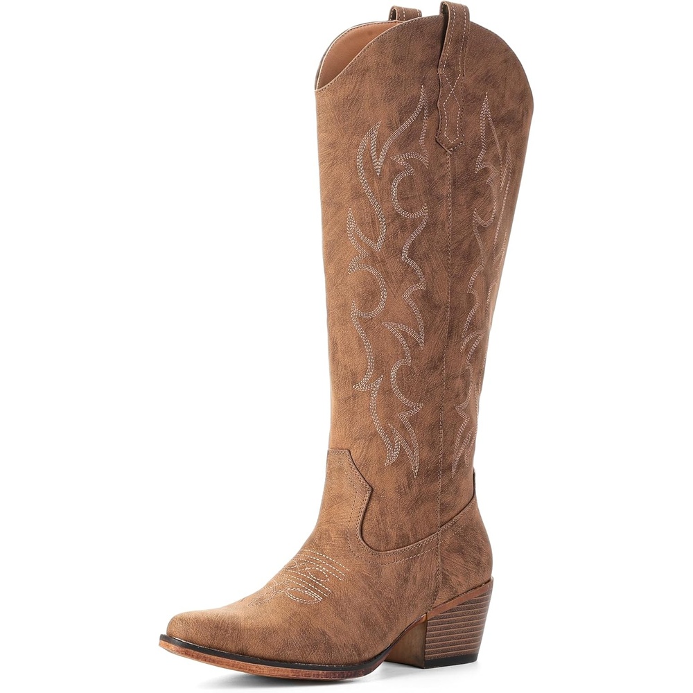 image:imageIUV Cowboy Boots for Women Knee High Pointed Toe Western Fashion Country Cowgirl Boots with EmbroideredRedBrown