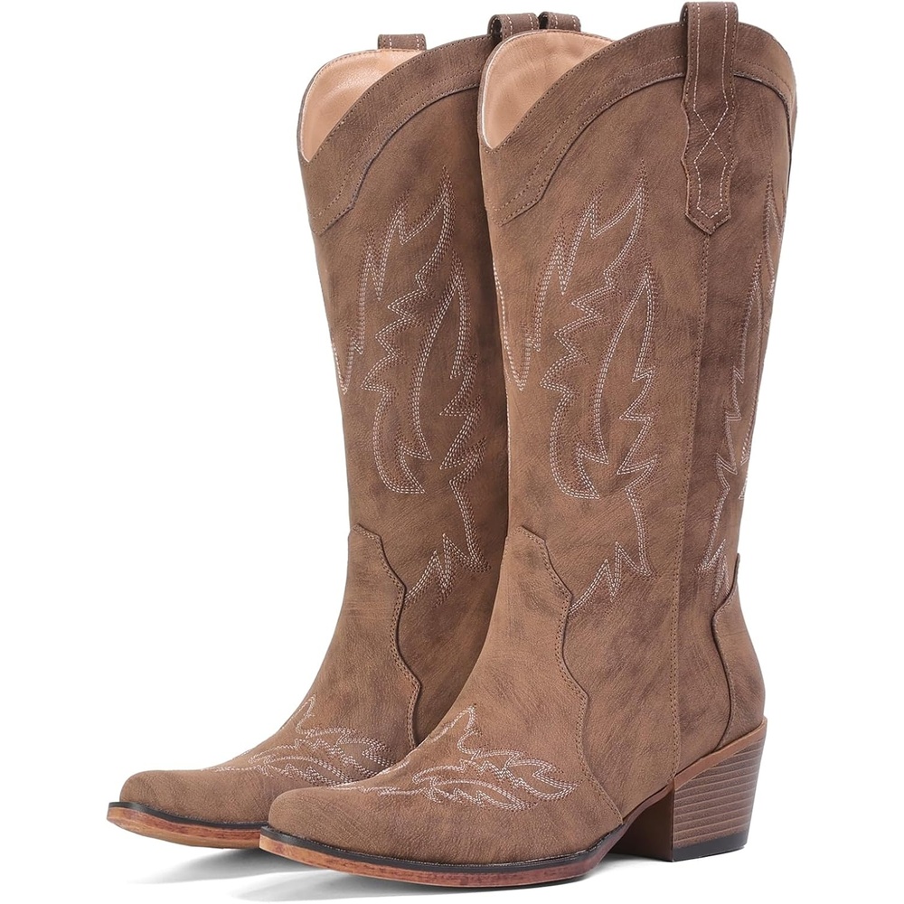 image:imageIUV Cowboy Boots for Women Mid Calf Cowgirl Western Boots with Embroidery Retro Snip Toe with Chunky Heel Summer Country Music Festival Cowboy ChicRedBrown