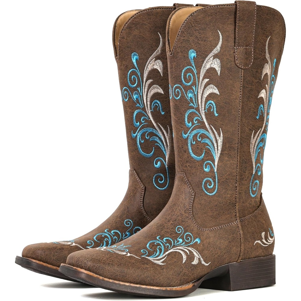 image:imageIUV Cowboy Boots for Women Mid Calf Square Toe Cowgirl Boots with Embroidery Pull On Fashion BootBrown