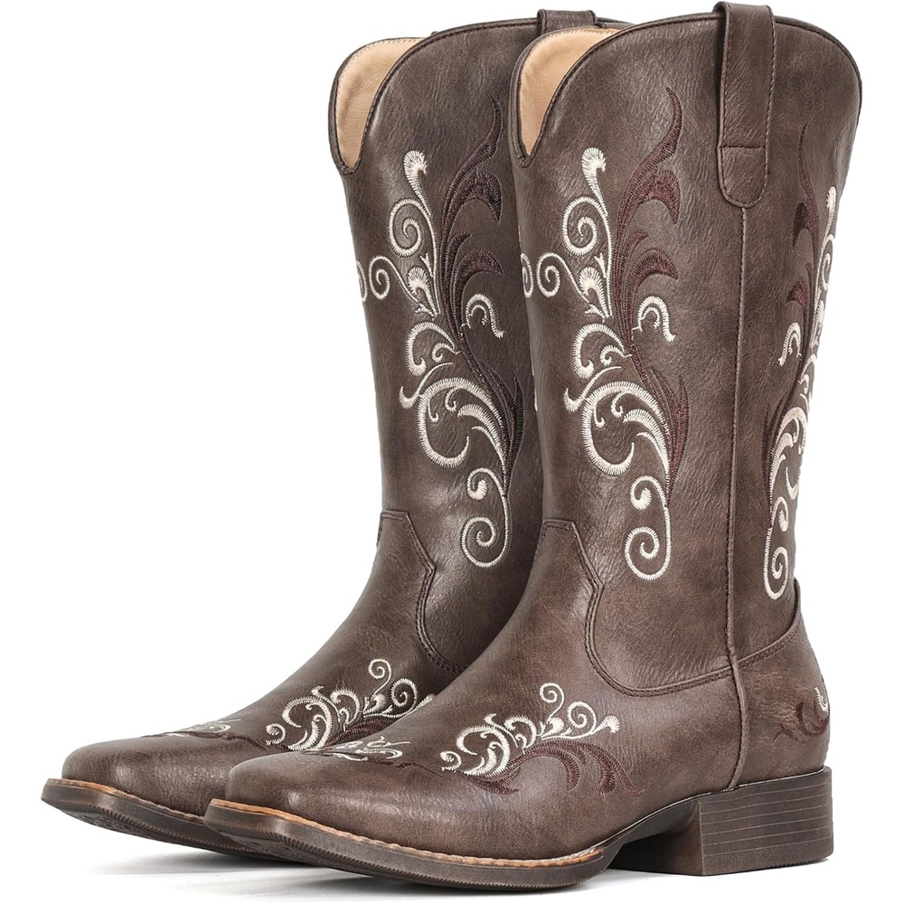 image:imageIUV Cowboy Boots for Women Mid Calf Square Toe Cowgirl Boots with Embroidery Pull On Fashion BootDark Brown