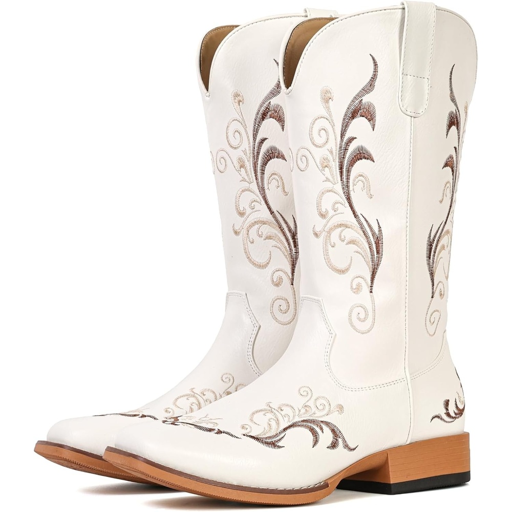 image:imageIUV Cowboy Boots for Women Mid Calf Square Toe Cowgirl Boots with Embroidery Pull On Fashion BootWhite