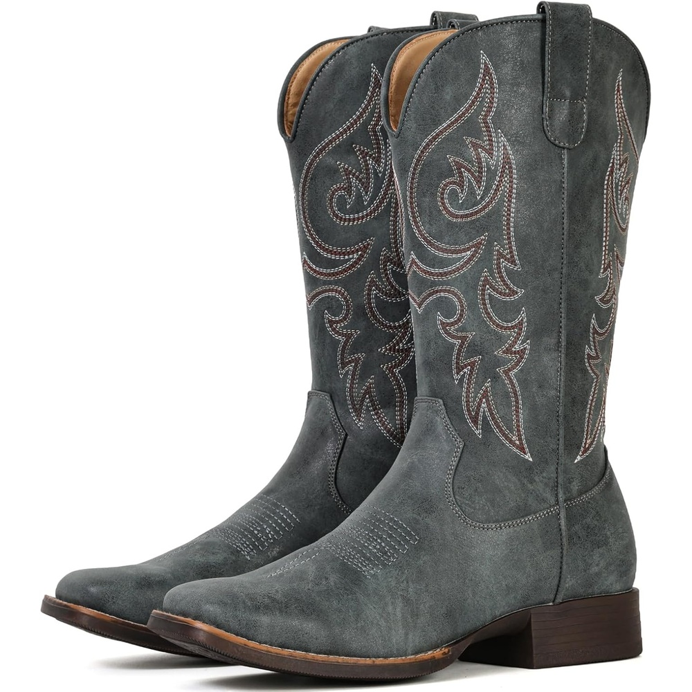 image:imageIUV Cowboy Boots for Women Mid Calf Square Toe Cowgirl Boots with Embroidery Pull On Fashion Retro Western Boot for Theme Party Country ConcertBlue