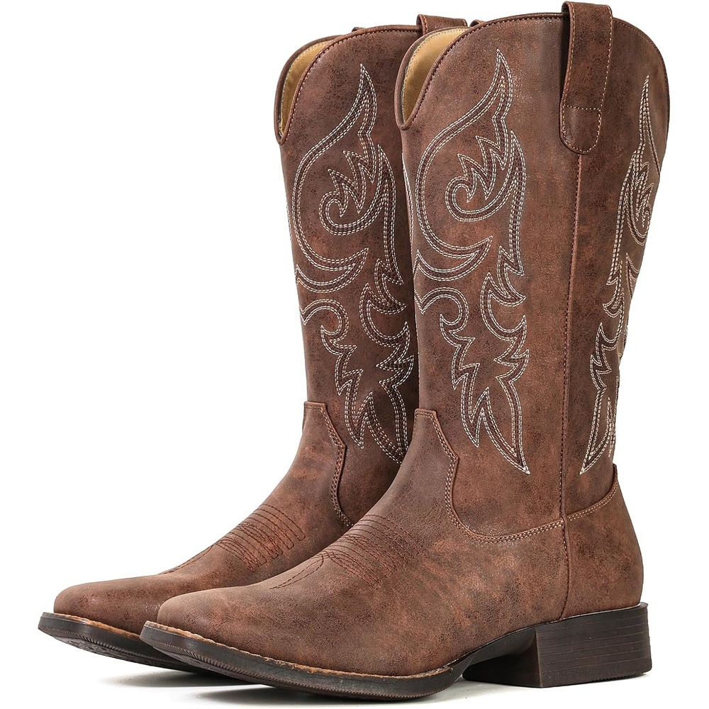 image:imageIUV Cowboy Boots for Women Mid Calf Square Toe Cowgirl Boots with Embroidery Pull On Fashion Retro Western Boot for Theme Party Country ConcertBrown