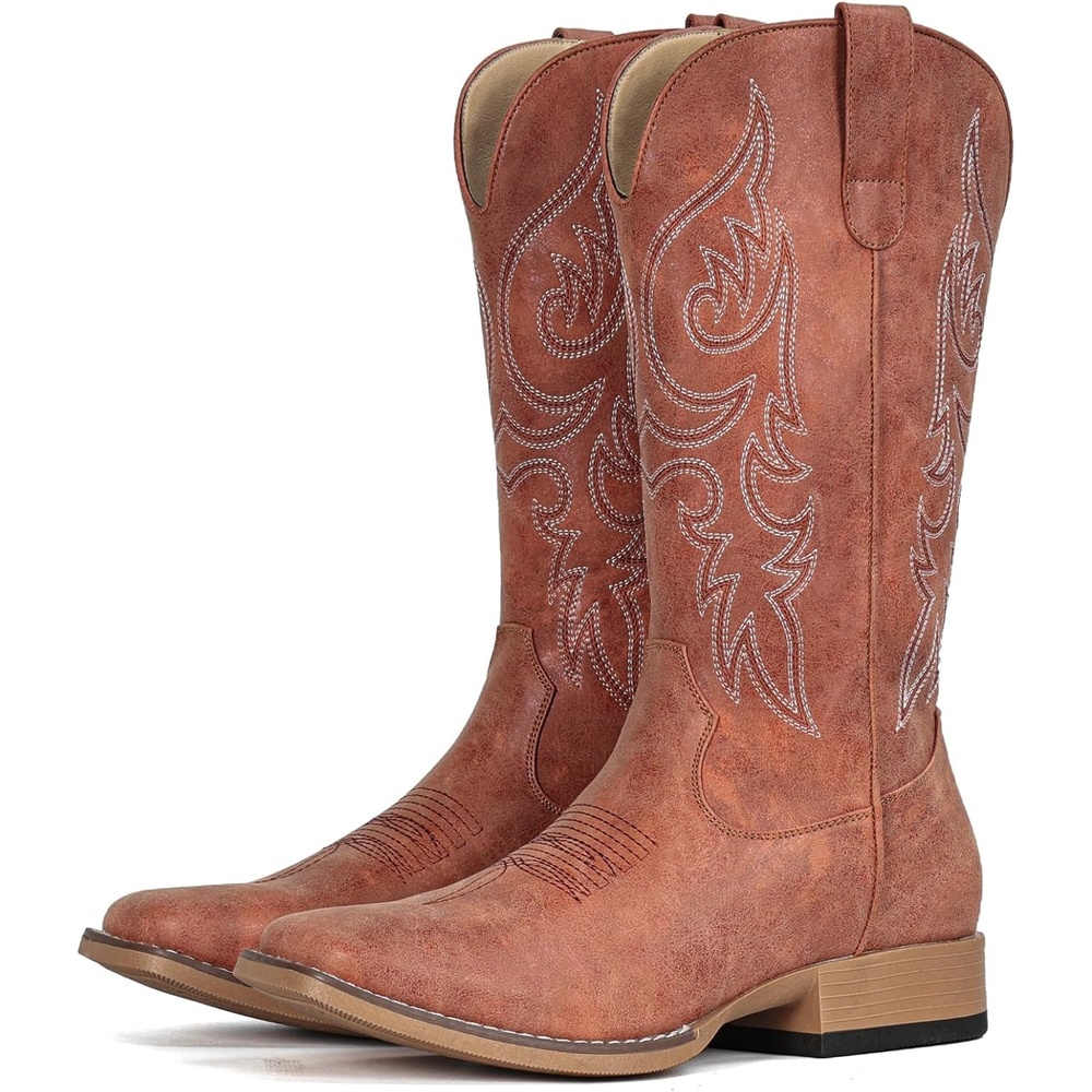image:imageIUV Cowboy Boots for Women Mid Calf Square Toe Cowgirl Boots with Embroidery Pull On Fashion Retro Western Boot for Theme Party Country ConcertBrown Pink