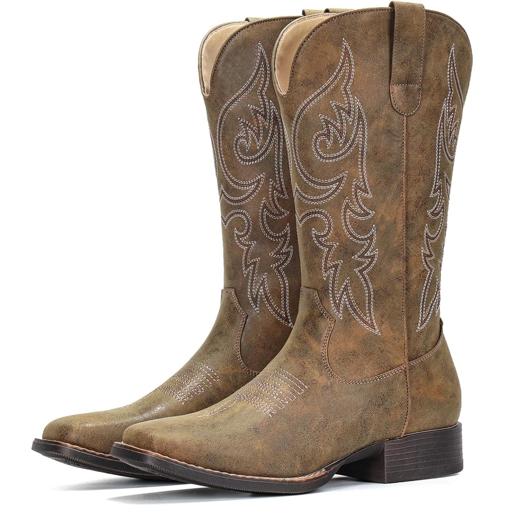 image:imageIUV Cowboy Boots for Women Mid Calf Square Toe Cowgirl Boots with Embroidery Pull On Fashion Retro Western Boot for Theme Party Country ConcertGrayish Brown