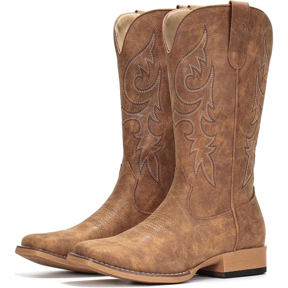 image:imageIUV Cowboy Boots for Women Mid Calf Square Toe Cowgirl Boots with Embroidery Pull On Fashion Retro Western Boot for Theme Party Country ConcertLight Brown