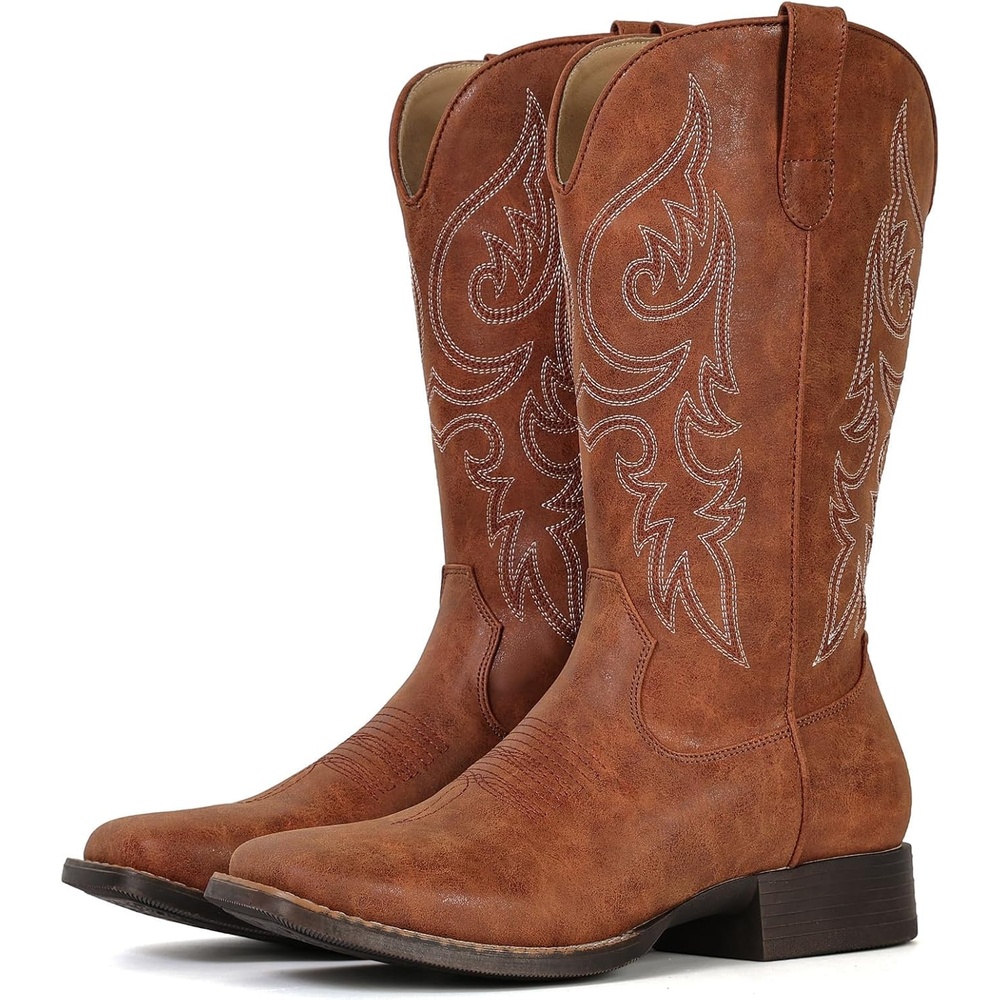 image:imageIUV Cowboy Boots for Women Mid Calf Square Toe Cowgirl Boots with Embroidery Pull On Fashion Retro Western Boot for Theme Party Country ConcertRedBrown