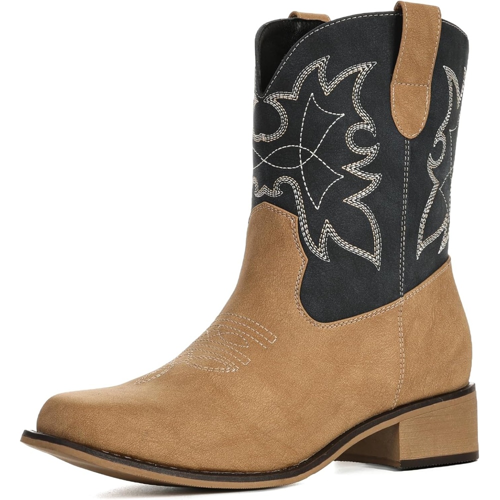 image:imageIUV Cowboy Boots for Women Square Toe Ankle Western Cowgirl Boots Classic Embroidered BootiesKhaki