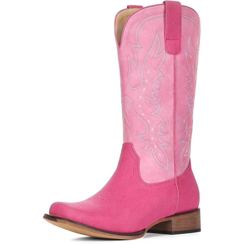 image:imageIUV Cowboy Boots for Women Square Toe Mid Calf Cowgirl Boots Embroidered Chunky Heel Western Boots for Country Concert Music FestivalHot PinkBaby Pink
