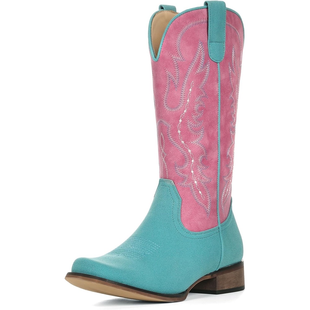 image:imageIUV Cowboy Boots for Women Square Toe Mid Calf Cowgirl Boots Embroidered Chunky Heel Western Boots for Country Concert Music FestivalTurquoiseWatermelon