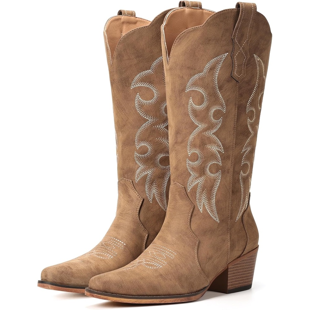 image:imageIUV Cowboy Boots for Women Western Cowgirl Boots with Chunky Heel Mid Calf Embroidered Boot for Casual WearBrown