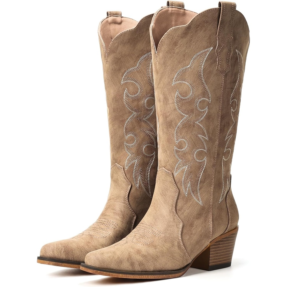 image:imageIUV Cowboy Boots for Women Western Cowgirl Boots with Chunky Heel Mid Calf Embroidered Boot for Casual WearCamel