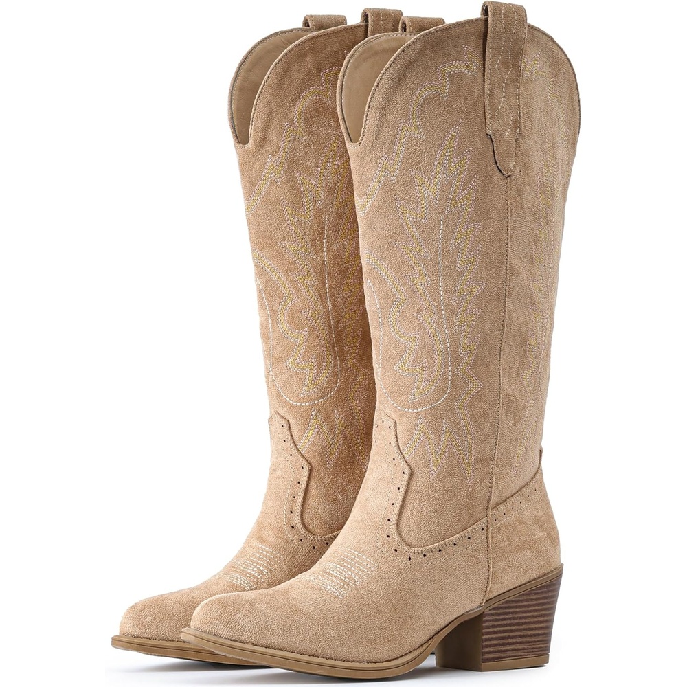 image:imageIUV Suede Cowboy Boots For Women Chunky Heel Pointed Toe Cowgirl Boots Mid Calf Western Embroidery fall BootApricot