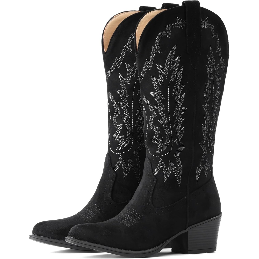 image:imageIUV Suede Cowboy Boots For Women Chunky Heel Pointed Toe Cowgirl Boots Mid Calf Western Embroidery fall BootBlack