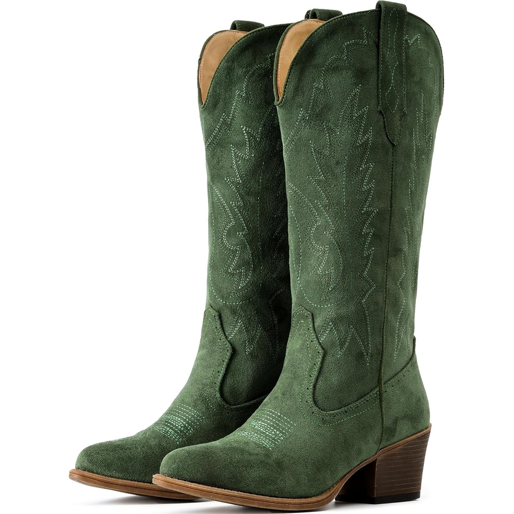image:imageIUV Suede Cowboy Boots For Women Chunky Heel Pointed Toe Cowgirl Boots Mid Calf Western Embroidery fall BootGreen