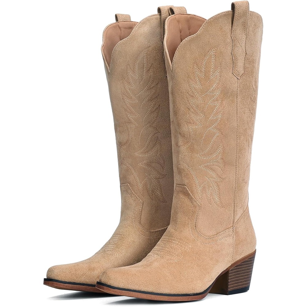 image:imageIUV Suede Cowboy Boots for Women Mid Calf Cowgirl Boots with Embroidered Retro Snip Toe Chunky Heel Western Boot for Country Concert Music Festival Cowboy ChicApricot