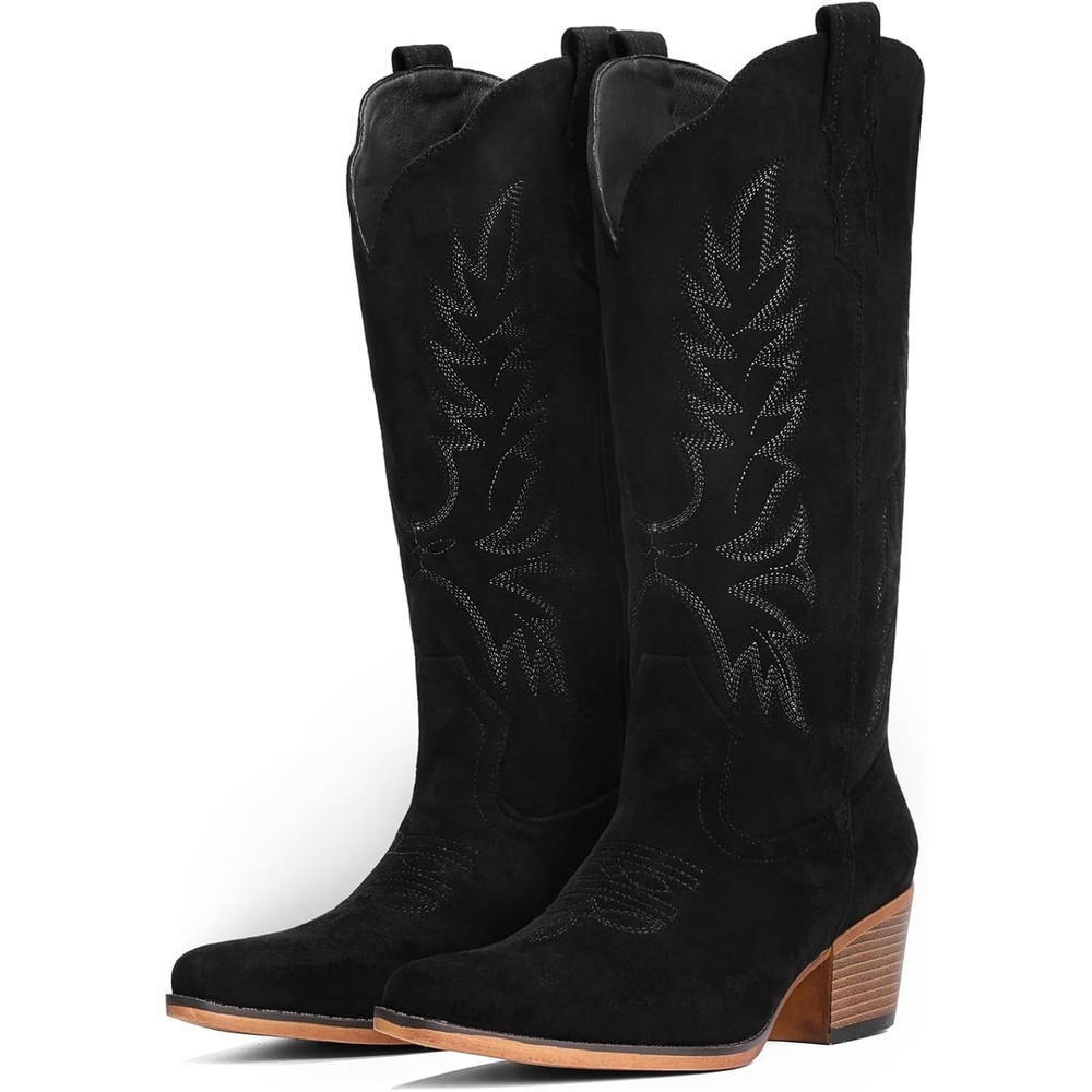 image:imageIUV Suede Cowboy Boots for Women Mid Calf Cowgirl Boots with Embroidered Retro Snip Toe Chunky Heel Western Boot for Country Concert Music Festival Cowboy ChicBlack