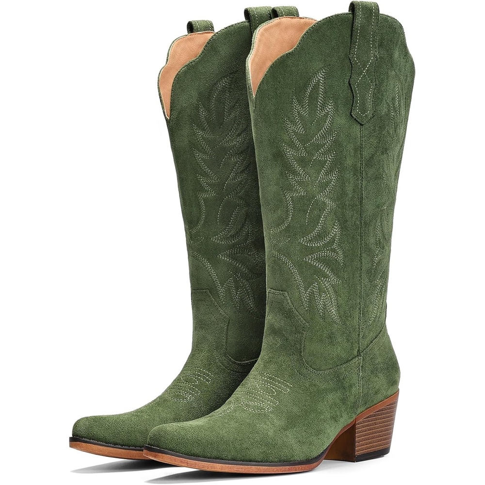 image:imageIUV Suede Cowboy Boots for Women Mid Calf Cowgirl Boots with Embroidered Retro Snip Toe Chunky Heel Western Boot for Country Concert Music Festival Cowboy ChicGreen