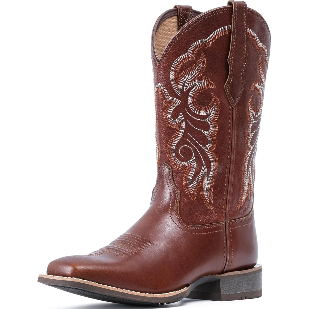 image:imageIUV Womens Leather Western Boots Square Toe Cowboy Boots for women Mid Calf Classic Cowgirl Boots Genuine leather toe and heel textured sheepskin shaftRedBrown
