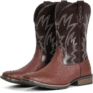 image:imageIUV Cowboy Boots For Men Western Ostrich Wide Durable Fashionable Embroidered Pull On Slip Resistant Assorted Colors BootsOstrich Red Brown