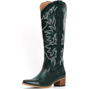 image:imageIUV Cowboy Boots For Women Knee High Western Cowgirl Boots Snip Toe Side Zipper Chunky HeelGreen