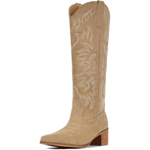 image:imageIUV Cowboy Boots For Women Knee High Western Cowgirl Boots Snip Toe Side Zipper Chunky HeelSuede Apricot