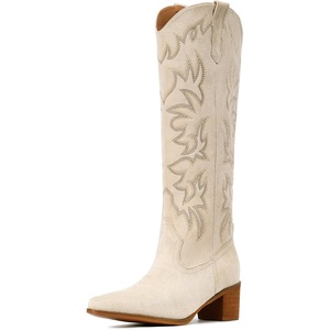 image:imageIUV Cowboy Boots For Women Knee High Western Cowgirl Boots Snip Toe Side Zipper Chunky HeelSuede Beige