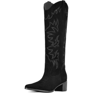 image:imageIUV Cowboy Boots For Women Knee High Western Cowgirl Boots Snip Toe Side Zipper Chunky HeelSuede Black