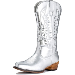 image:imageIUV Cowboy Boots For Women Mid Calf Cowgirl Boots Pointy Toe Western BootBsilver