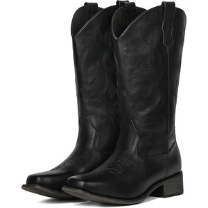 image:imageIUV Cowboy Boots For Women Square Toe Black Wide Cowgirl Mid Calf Western Pull On Fashion Brown Cowboy BootsAll Black