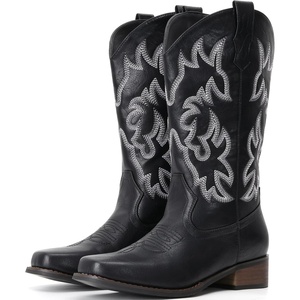 image:imageIUV Cowboy Boots For Women Square Toe Black Wide Cowgirl Mid Calf Western Pull On Fashion Brown Cowboy BootsBlack