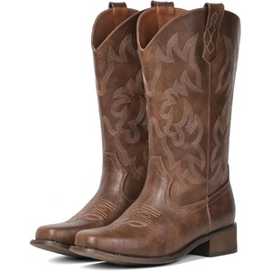 image:imageIUV Cowboy Boots For Women Square Toe Black Wide Cowgirl Mid Calf Western Pull On Fashion Brown Cowboy BootsBrown