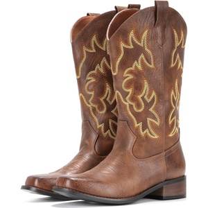 image:imageIUV Cowboy Boots For Women Square Toe Black Wide Cowgirl Mid Calf Western Pull On Fashion Brown Cowboy BootsDark Brown