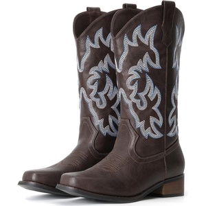 image:imageIUV Cowboy Boots For Women Square Toe Black Wide Cowgirl Mid Calf Western Pull On Fashion Brown Cowboy BootsKhaki