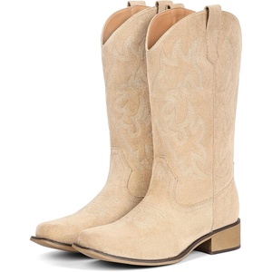 image:imageIUV Cowboy Boots For Women Square Toe Black Wide Cowgirl Mid Calf Western Pull On Fashion Brown Cowboy BootsSuede Beige
