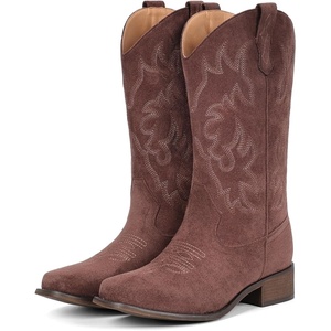 image:imageIUV Cowboy Boots For Women Square Toe Black Wide Cowgirl Mid Calf Western Pull On Fashion Brown Cowboy BootsSuede Dark Brown