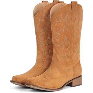 image:imageIUV Cowboy Boots For Women Square Toe Black Wide Cowgirl Mid Calf Western Pull On Fashion Brown Cowboy BootsSuede Yellow