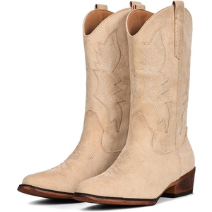 image:imageIUV Cowboy Boots For Women Western Boots Cowgirl Boots Pull On Pointy Toe Mid Calf BootsSuede Camel