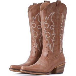 image:imageIUV Cowboy Boots For Women Western Cowgirl Boots Mid Calf Snip Toe Boot With Chunky HeelBrown