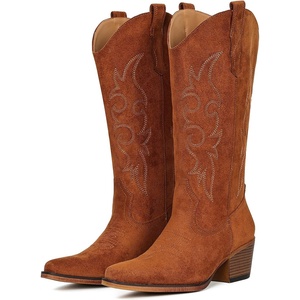 image:imageIUV Cowboy Boots For Women Western Cowgirl Boots Mid Calf Snip Toe Boot With Chunky HeelBrown Suede
