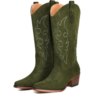 image:imageIUV Cowboy Boots For Women Western Cowgirl Boots Mid Calf Snip Toe Boot With Chunky HeelGreen Suede