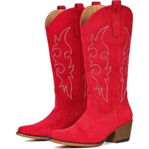 image:imageIUV Cowboy Boots For Women Western Cowgirl Boots Mid Calf Snip Toe Boot With Chunky HeelRed Suede