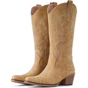 image:imageIUV Cowboy Boots For Women Western Cowgirl Boots Mid Calf Snip Toe Boot With Chunky HeelYellow Brown