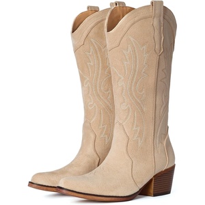 image:imageIUV Cowboy Boots For Women Western Cowgirl Boots with Chunky Heel Mid Calf Snip Toe Ideal for low instepsApricot Suede