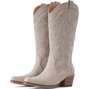 image:imageIUV Cowboy Boots For Women Western Cowgirl Boots with Chunky Heel Mid Calf Snip Toe Ideal for low instepsBeige