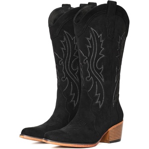 image:imageIUV Cowboy Boots For Women Western Cowgirl Boots with Chunky Heel Mid Calf Snip Toe Ideal for low instepsBlack Suede