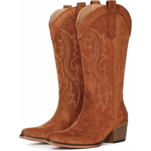 image:imageIUV Cowboy Boots For Women Western Cowgirl Boots with Chunky Heel Mid Calf Snip Toe Ideal for low instepsBrown Suede