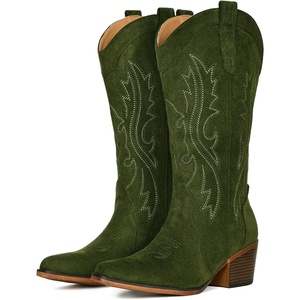 image:imageIUV Cowboy Boots For Women Western Cowgirl Boots with Chunky Heel Mid Calf Snip Toe Ideal for low instepsGreen Suede