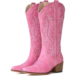image:imageIUV Cowboy Boots For Women Western Cowgirl Boots with Chunky Heel Mid Calf Snip Toe Ideal for low instepsPink